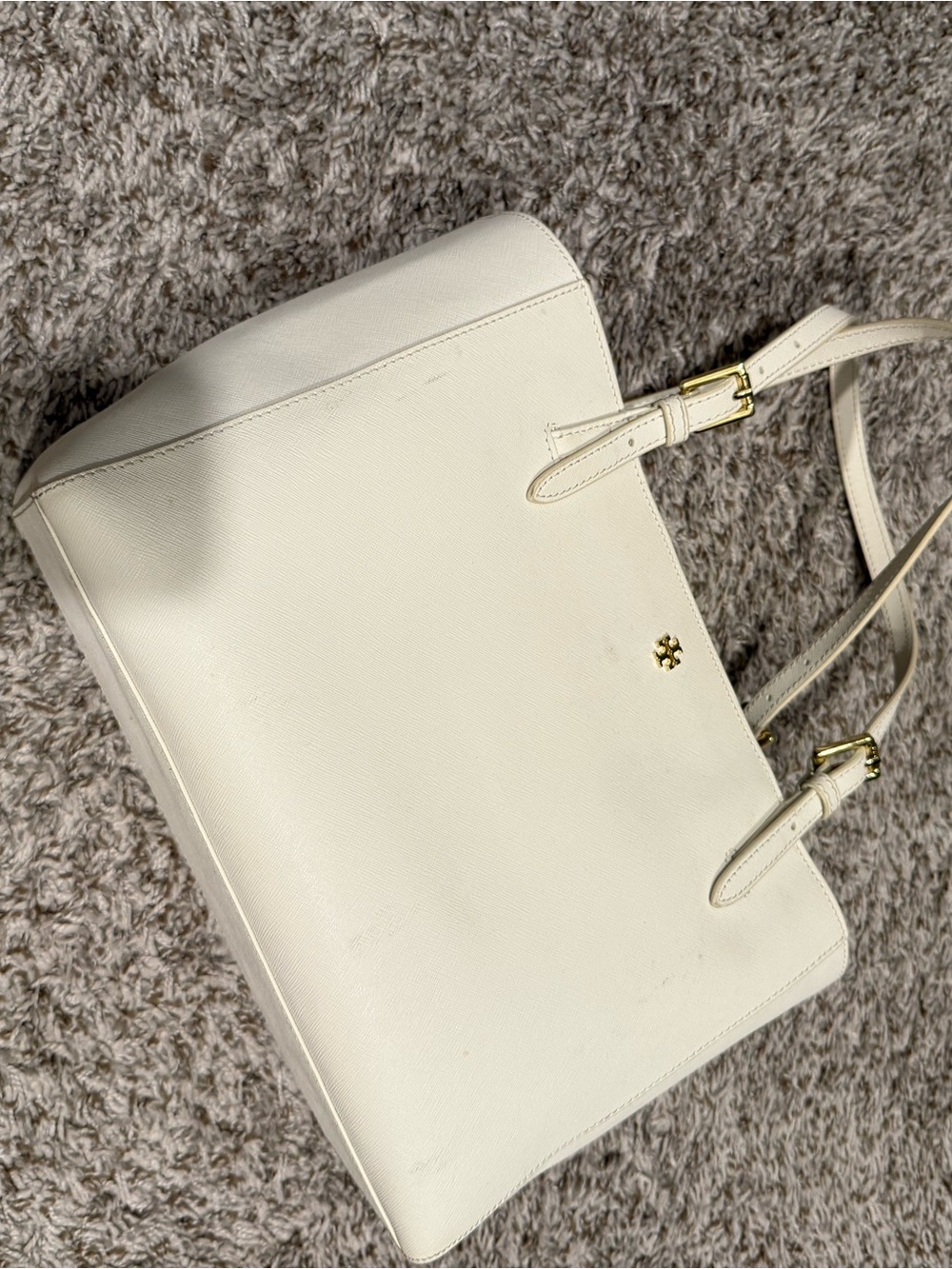 Tory Burch Cream Saffiano Shoulder Tote with Gold Hardware